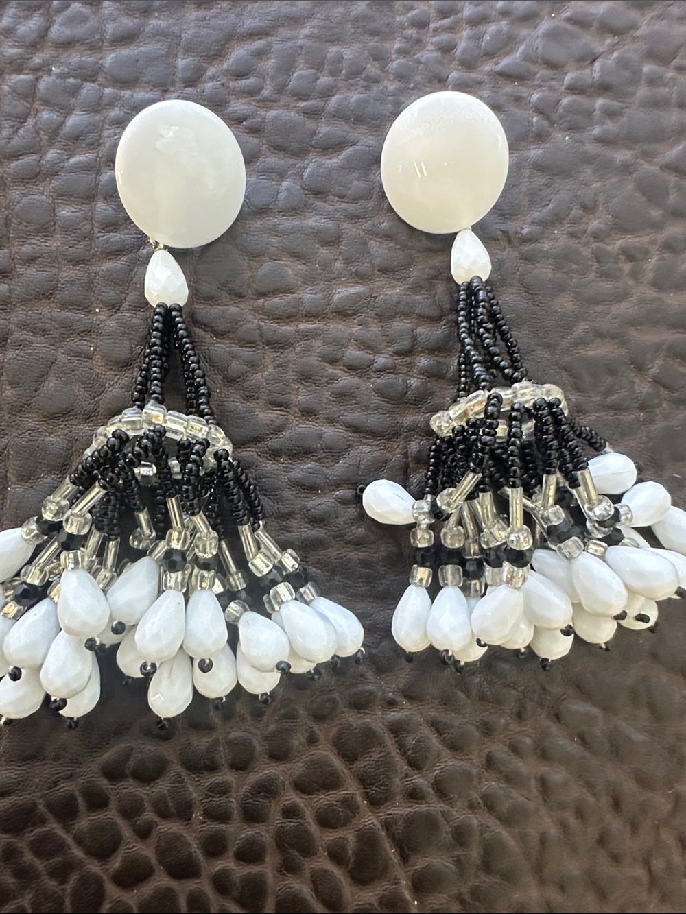 Vintage Handcrafted Black and White Beaded Tassel Drop pierced Earrings